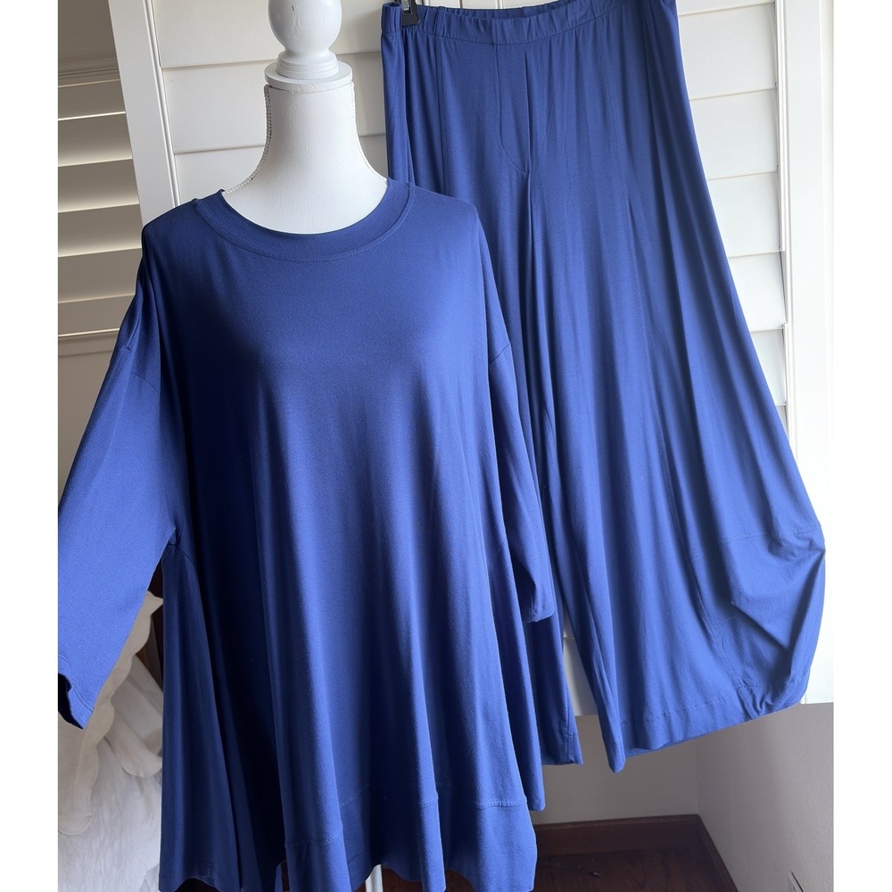 Alembika L Blue 2pc Lagenlook Blue Tunic Top Balloon Harem Pants Set Artsy EUC